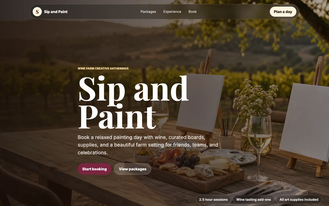Sip & Paint — wine-farm creative painting day website
